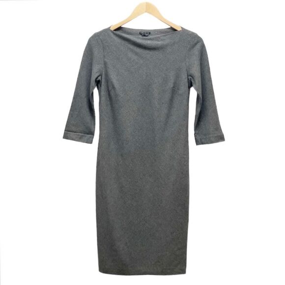 Theory Stretch Wool Boatneck Fitted Sheath Charcoal Gray 3/4 Sleeve Dress Size 2 - Picture 2 of 10